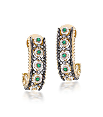 Pearl,Diamond and Emerald J hoop earrings